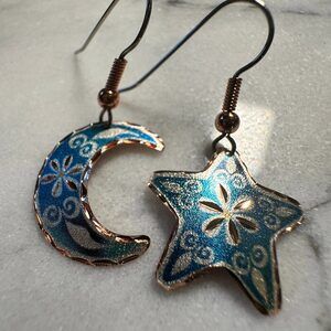 Handcrafted Blue Moon & Star Earrings, Wire Drop Copper Diamond Cut Earrings, G